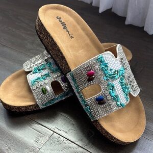 Dollymix Faux turquoise stones & colored beads,cork/rubber sole slip on sandals